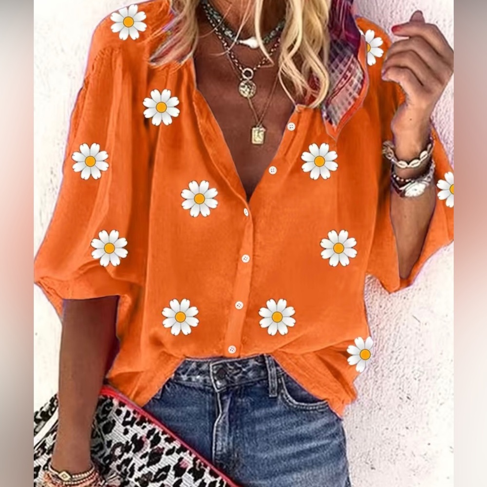 Floral Daisy Print Button Front Large Orange Oversized Blouse, Casual 3/4 Sleeve